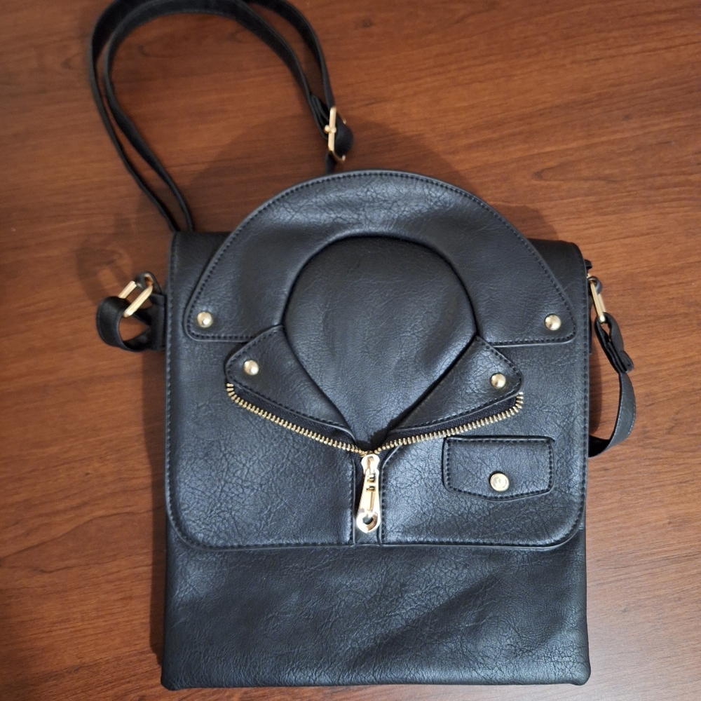 Black Faux-Leather Moto Novelty Jacket Crossbody Bag